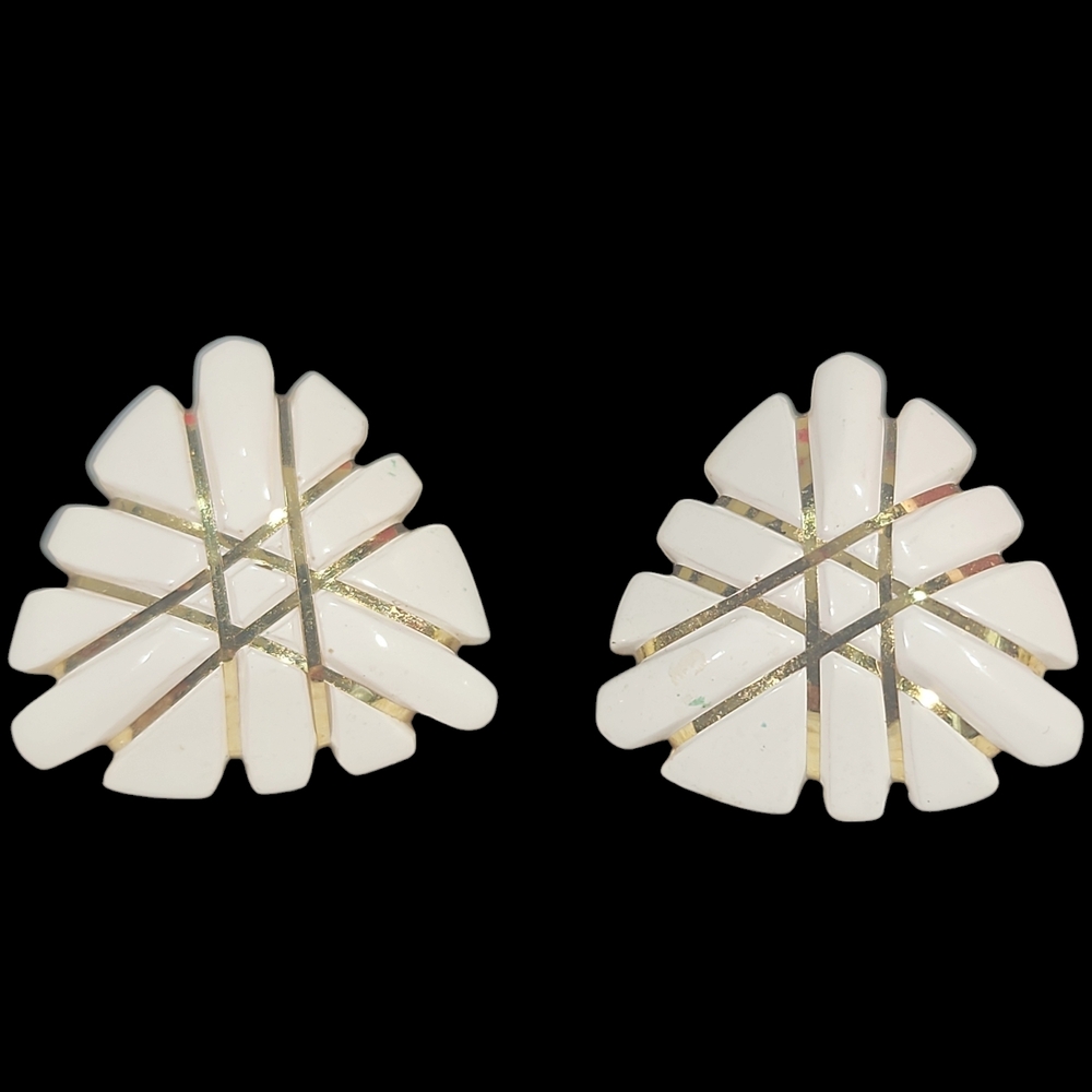 Vintage Gold Tone and White Enamel Triangle Shape Earrings